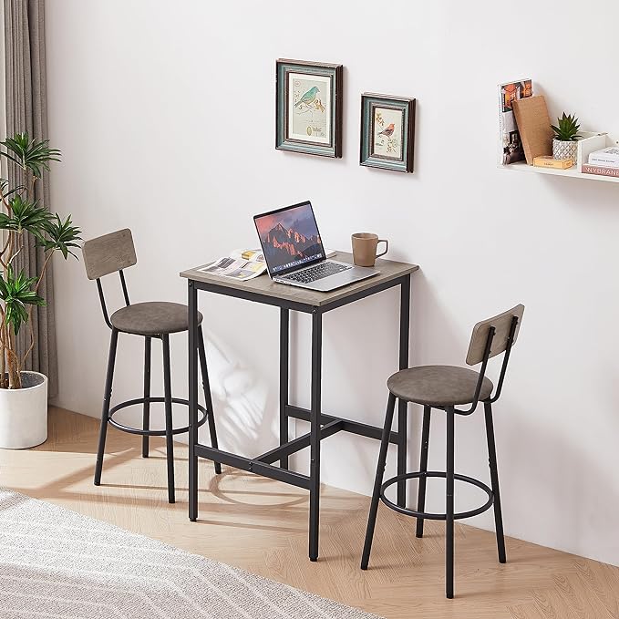 Dining Table Set for 2, Sqaure Bar Table and Chairs Set with PU Soft Seat and Backrest, Kitchen Table and Chairs for Small Spaces, Kitchen and Bar, Rustic Grey - LeafyLoom