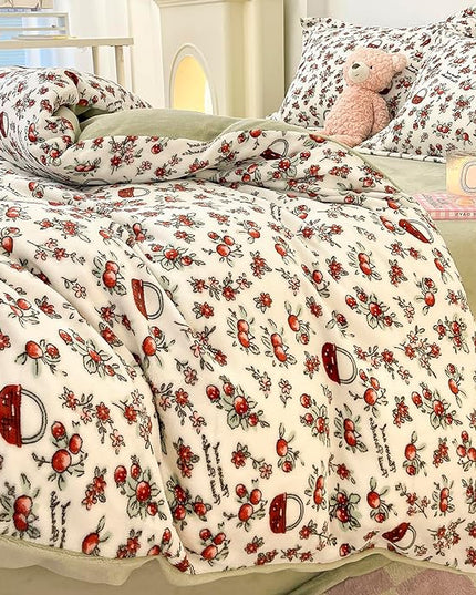 MorroMorn Queen Duvet Cover, Red Cherries Floral Bedding Sets, Plush Fluffy Comforter Covers Set, Down Alternative Blanket Ultra Soft Kawaii Cute for Girls Kids Teen Women Full Double Size - LeafyLoom