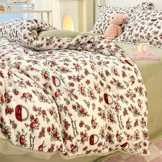 MorroMorn Queen Duvet Cover, Red Cherries Floral Bedding Sets, Plush Fluffy Comforter Covers Set, Down Alternative Blanket Ultra Soft Kawaii Cute for Girls Kids Teen Women Full Double Size - LeafyLoom