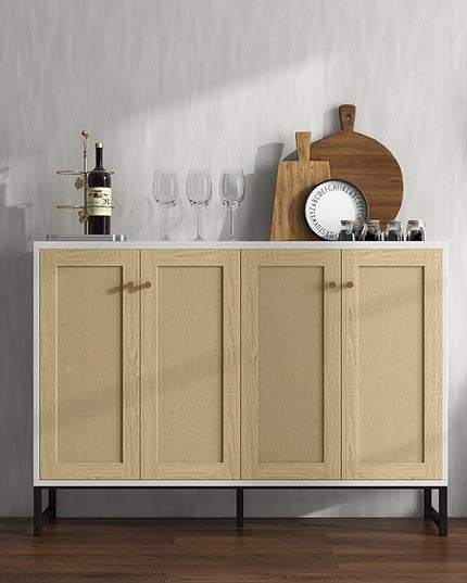 Panana Sideboard Accent Storage Cabinet with Rattan Decorated 4 Doors Dining Room Freestanding Kitchen Buffet Table Cupboard (White) - LeafyLoom