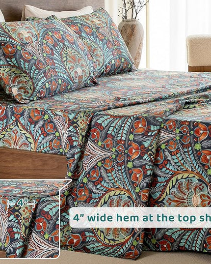 QSH Boho Sheets King Size - 100% Egyptian Cotton Bohemian Patterned Sheets Printed Bedding King Size Bed Sheets 17.5" Extra Deep Pocket 4pcs - LeafyLoom
