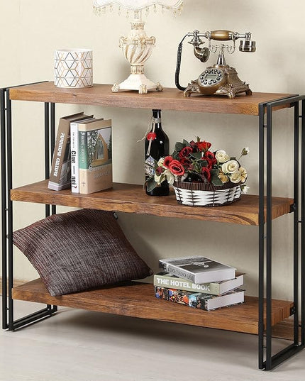 3 Tier Bookshelf Rustic Industrial Bookshelf Wood and Metal, Brown - LeafyLoom