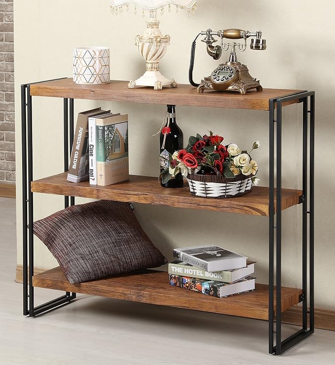 3 Tier Bookshelf Rustic Industrial Bookshelf Wood and Metal, Brown - LeafyLoom