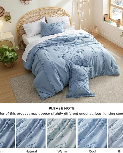 Bedsure Boho Comforter Set King - Mineral Blue Tufted Bedding Comforter Set, 3 Pieces Farmhouse Shabby Chic Embroidery Bedding Set, Soft Geometric Pattern Comforter for All Seasons - LeafyLoom