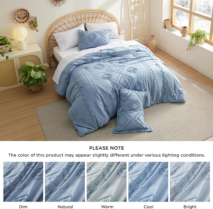 Bedsure Boho Comforter Set King - Mineral Blue Tufted Bedding Comforter Set, 3 Pieces Farmhouse Shabby Chic Embroidery Bedding Set, Soft Geometric Pattern Comforter for All Seasons - LeafyLoom