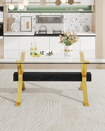 NicBex Dining Table Modern Tempered Glass Dining Table Large Modern Office Desk with Gold Plated Metal Legs and MDF Crossbars, Suitable for Both Home and Office Use, Gold + Black - LeafyLoom