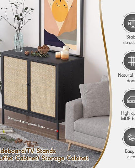 XIAO WEI Sideboard with Handmade Natural Rattan Doors, Rattan Cabinet Console Table Storage Cabinet Buffet Cabinet, for Kitchen, Living Room, Hallway, Entryway, Black - LeafyLoom