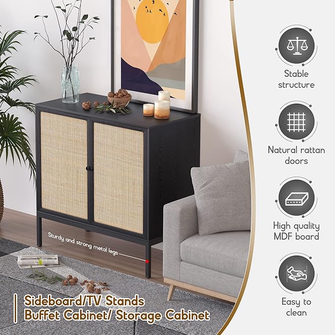 XIAO WEI Sideboard with Handmade Natural Rattan Doors, Rattan Cabinet Console Table Storage Cabinet Buffet Cabinet, for Kitchen, Living Room, Hallway, Entryway, Black - LeafyLoom