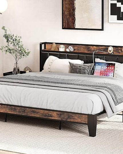 LIKIMIO King Bed Frame, Storage Headboard with Charging Station, Solid and Stable, Noise Free, No Box Spring Needed, Easy Assembly (Vintage and Black) - LeafyLoom