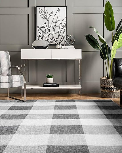 nuLOOM Lucy Machine Washable Farmhouse Buffalo Plaid Ultra Thin Area Rug, 6' Square, Grey - LeafyLoom