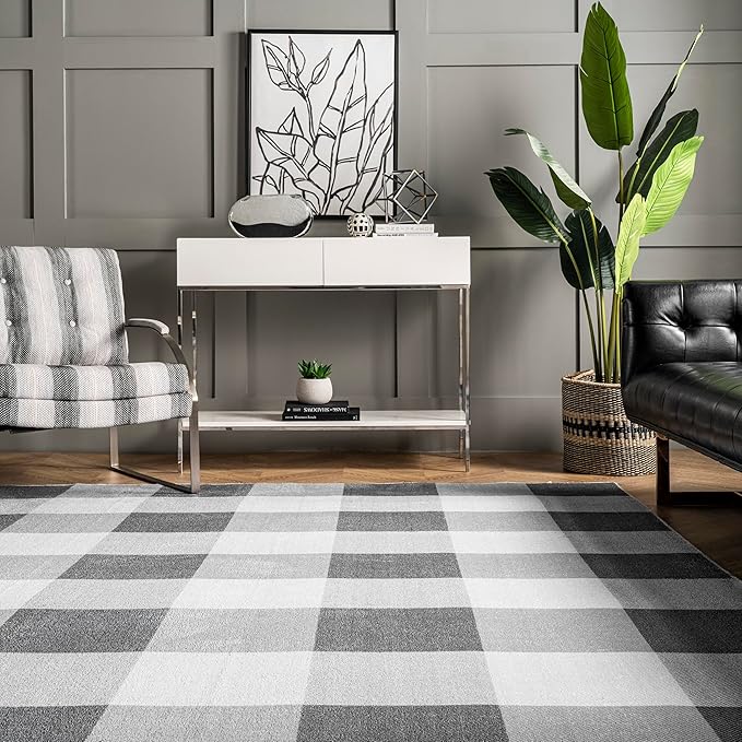 nuLOOM Lucy Machine Washable Farmhouse Buffalo Plaid Ultra Thin Area Rug, 6' Square, Grey - LeafyLoom