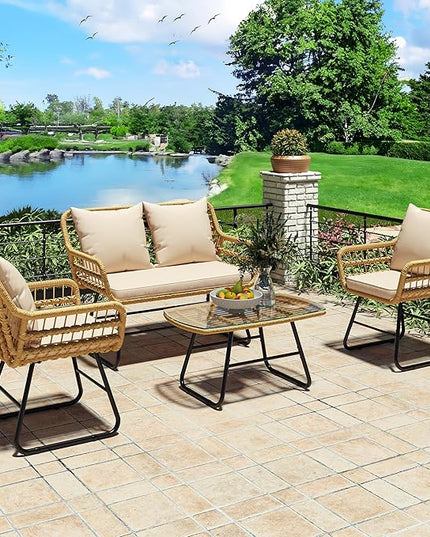 YITAHOME Patio Furniture Wicker Outdoor Bistro Set, 4-Piece All Weather Patio Furniture Rattan Conversation Loveseat Sets for Backyard, Balcony and Deck, Light Brown+Beige - LeafyLoom