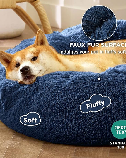 Bedsure Calming Dog Bed for Medium Dogs - Donut Washable Medium Pet Bed, 30 inches Anti-Slip Round Fluffy Plush Faux Fur Cat Bed, Fits up to 45 lbs Pets, Navy BEDSURE