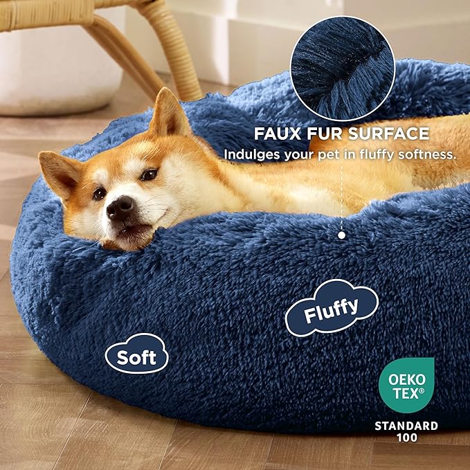 Bedsure Calming Dog Bed for Medium Dogs - Donut Washable Medium Pet Bed, 30 inches Anti-Slip Round Fluffy Plush Faux Fur Cat Bed, Fits up to 45 lbs Pets, Navy BEDSURE