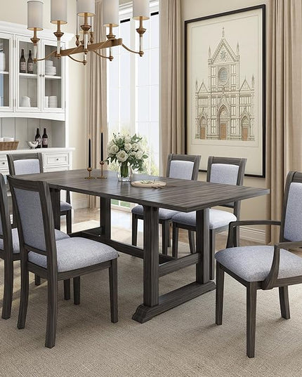 76.9 Inch Dining Table Set for 6, Extendable Dining Table Set with Removable Leaf, Kitchen Table Set with Upholstered Side Chair and Arm Chair for Dining Room, Dark Brown+Grey - LeafyLoom