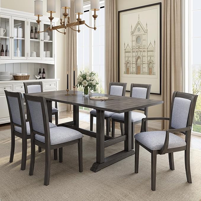 76.9 Inch Dining Table Set for 6, Extendable Dining Table Set with Removable Leaf, Kitchen Table Set with Upholstered Side Chair and Arm Chair for Dining Room, Dark Brown+Grey - LeafyLoom