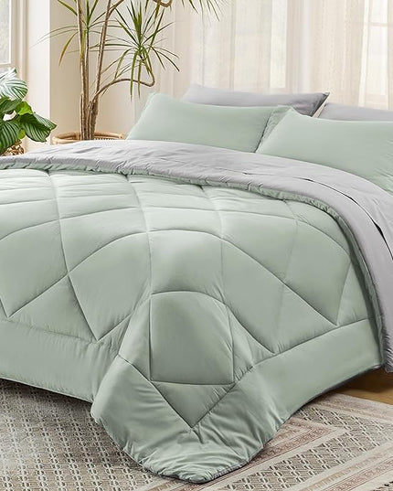 Bedsure Sage Green Full Comforter Set - 7 Pieces Reversible Bed Set Sage Green Bed in a Bag Full with Comforters, Sheets, Pillowcases & Shams, Full Bedding Sets - LeafyLoom