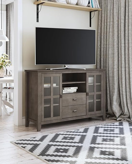 SIMPLIHOME Artisan SOLID WOOD Universal TV Media Stand, 53 inch Wide, Transitional, Living Room Entertainment Center with Storage, for Flat Screen TVs up to 60 inches in Farmhouse Grey - LeafyLoom