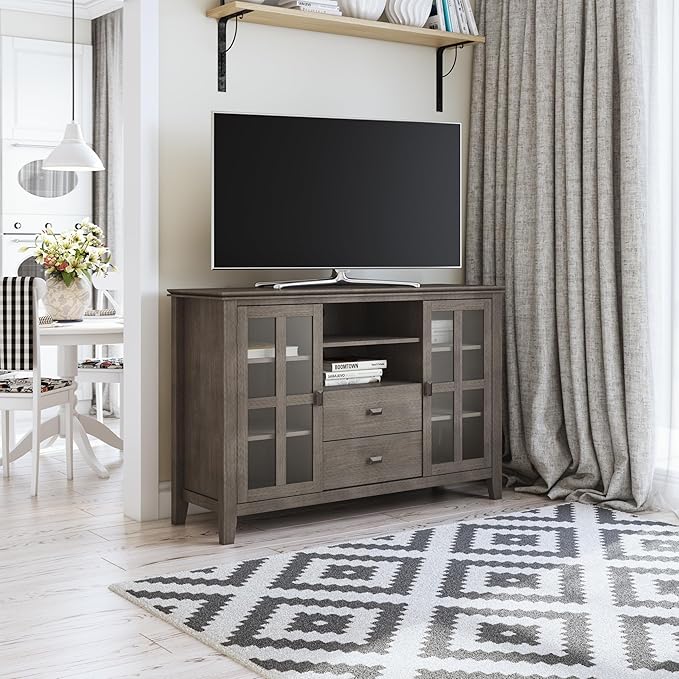 SIMPLIHOME Artisan SOLID WOOD Universal TV Media Stand, 53 inch Wide, Transitional, Living Room Entertainment Center with Storage, for Flat Screen TVs up to 60 inches in Farmhouse Grey - LeafyLoom