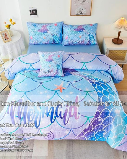 RYNGHIPY 6Pcs Mermaid Tail Comforter Set for Kids Girls, Mermaid Fish Scale Bed in a Bag Twin Size, Sparkle Teal Purple Rainbow Bedroom Decor Bedding Set - LeafyLoom