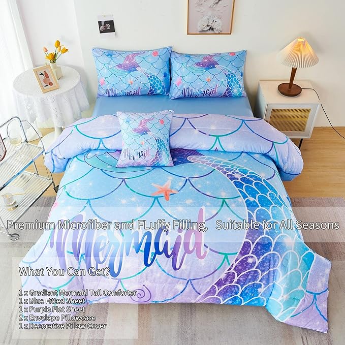 RYNGHIPY 6Pcs Mermaid Tail Comforter Set for Teens Girls Women, Mermaid Fish Scale Bed in a Bag Full Size, Sparkle Teal Purple Rainbow Bedroom Decor Bedding Set - LeafyLoom