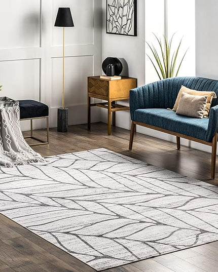 nuLOOM Lanette Abstract Leaves Machine Washable Ultra Thin Area Rug, 3' x 5', Light Grey - LeafyLoom