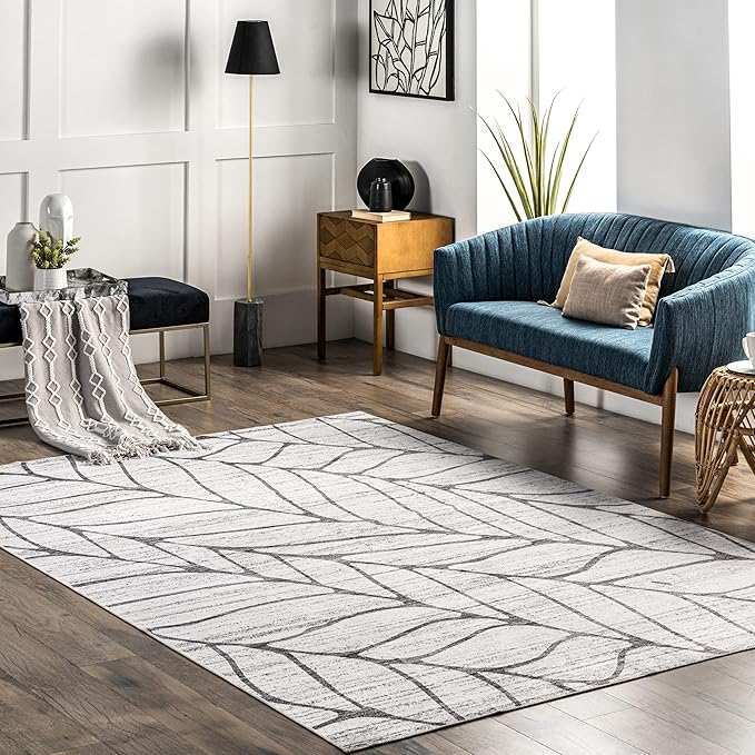 nuLOOM Lanette Abstract Leaves Machine Washable Ultra Thin Area Rug, 3' x 5', Light Grey - LeafyLoom