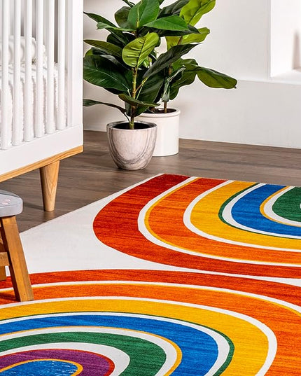 nuLOOM Classic Double Rainbow Machine Washable Kids Ultra Thin Area Rug, 4' x 6', White Multi - LeafyLoom