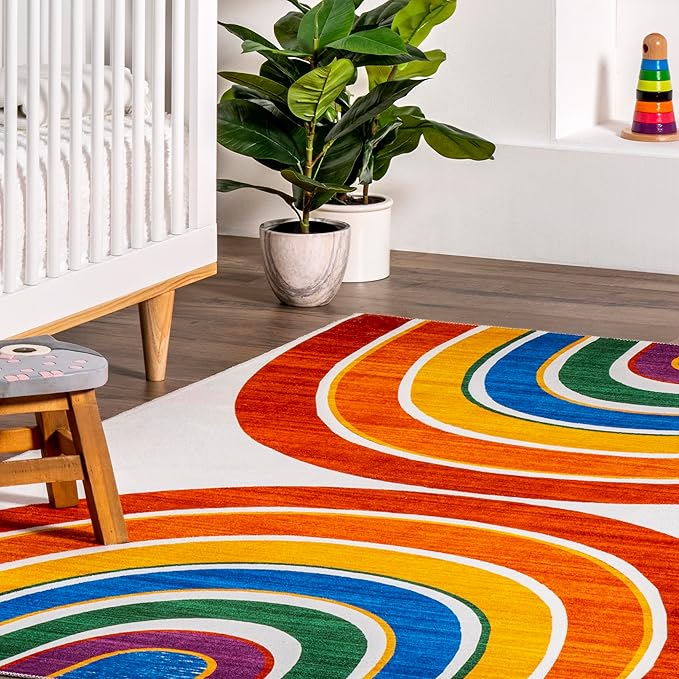 nuLOOM Classic Double Rainbow Machine Washable Kids Ultra Thin Area Rug, 4' x 6', White Multi - LeafyLoom