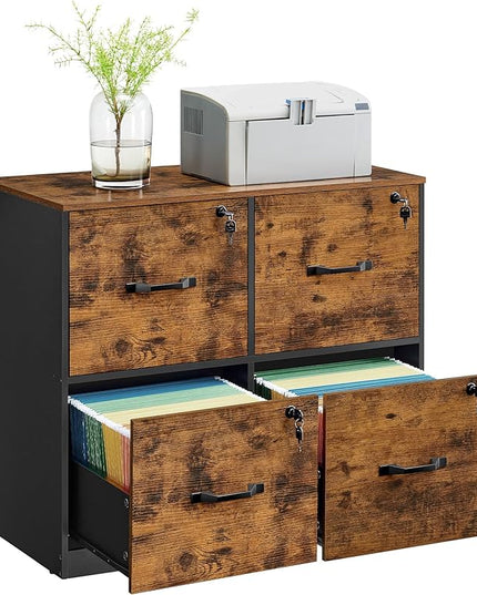 VASAGLE 4-Drawer File Cabinet, Filing Cabinet for Home Office, Printer Stand, with 4 Lockable Drawers, Adjustable Hanging Rail, for A4 and Letter-Size Files, Rustic Brown UOFC062B01 - LeafyLoom