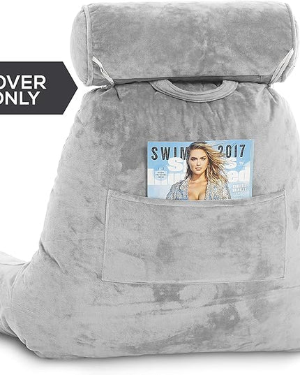 Husband Pillow XXL Cover Micro Plush Easy-Care Fabric Designed with Vibrant Long Lasting Color, Lush with Back & Side Pockets - Wide Large Zipper, Bed Rest Reading Pillowcase, Light Grey - LeafyLoom