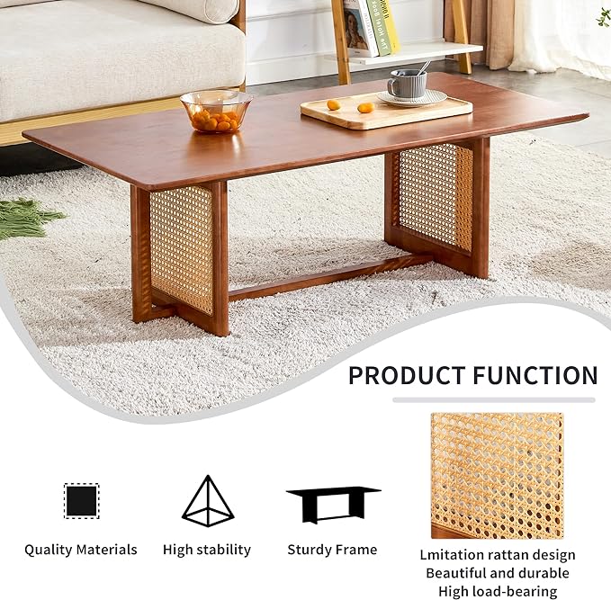 Rattan Coffee Table Rectangular Solid Wood Coffee Table with Cross Table Legs for Living Room Furniture - LeafyLoom