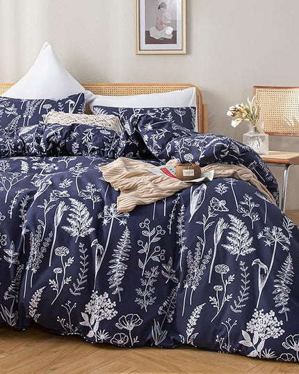 JANZAA Full Size Comforter Sets Navy Blue Comforter Set Floral Bedding Set Microfiber Comforter Set with Pillow Case for All Season Cozy and Comfortable 3 Pieces - LeafyLoom
