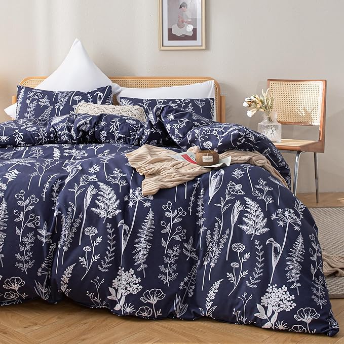 JANZAA Full Size Comforter Sets Navy Blue Comforter Set Floral Bedding Set Microfiber Comforter Set with Pillow Case for All Season Cozy and Comfortable 3 Pieces - LeafyLoom