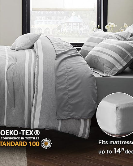 Bedsure Full Size Bed Sets 7 Pieces - Grey & White Striped Bedding All Season Comforter Set, Bed in a Bag with 1 Comforter, 2 Sheets, 2 Pillowcases & 2 Shams - LeafyLoom