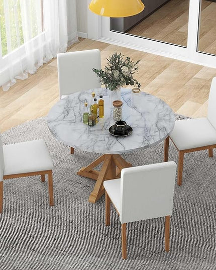 NicBex Small Dining Table Set for 4 Round Dining Table Set 5-Piece Dining Table Set, Marble Sticker and Cross Bracket Pedestal Dining Table, and 4 Upholstered Chairs, White+Walnut - LeafyLoom