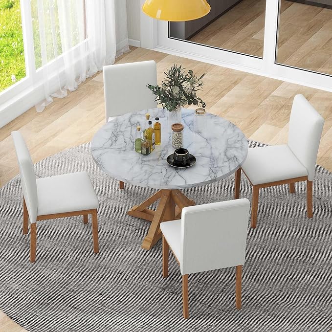 NicBex Small Dining Table Set for 4 Round Dining Table Set 5-Piece Dining Table Set, Marble Sticker and Cross Bracket Pedestal Dining Table, and 4 Upholstered Chairs, White+Walnut - LeafyLoom