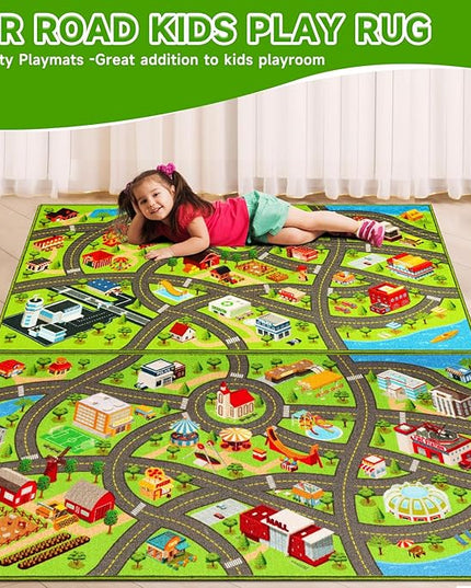 2 Packs Kids Rugs Car Play Mat Traffic Road Carpet for Car City Life Map Play Rug 31.5"×59" for Playroom Educational Mat Area Rug, Kid Playtime Collection Toddler Car Track Rug （2P: A+B - LeafyLoom