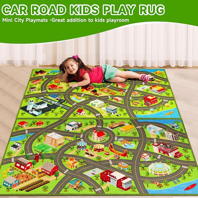 2 Packs Kids Rugs Car Play Mat Traffic Road Carpet for Car City Life Map Play Rug 31.5"×59" for Playroom Educational Mat Area Rug, Kid Playtime Collection Toddler Car Track Rug （2P: A+B - LeafyLoom