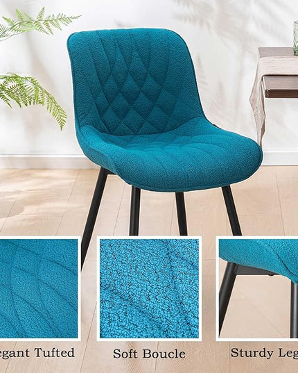 Velvet Dining Chairs Set of 2, Boucle Upholstered Dining Room Chairs with Curved Backrest for Kitchen Living Room Dining Room, Teal - LeafyLoom