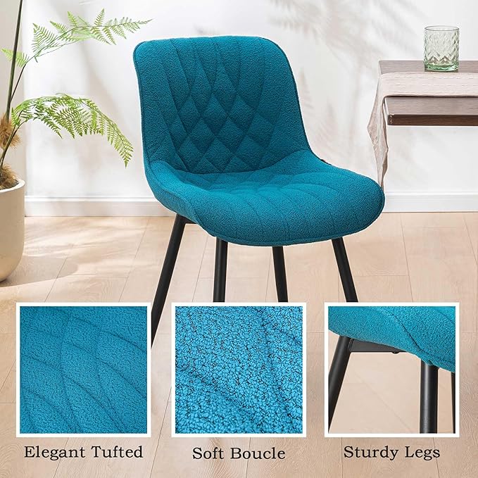 Velvet Dining Chairs Set of 2, Boucle Upholstered Dining Room Chairs with Curved Backrest for Kitchen Living Room Dining Room, Teal - LeafyLoom