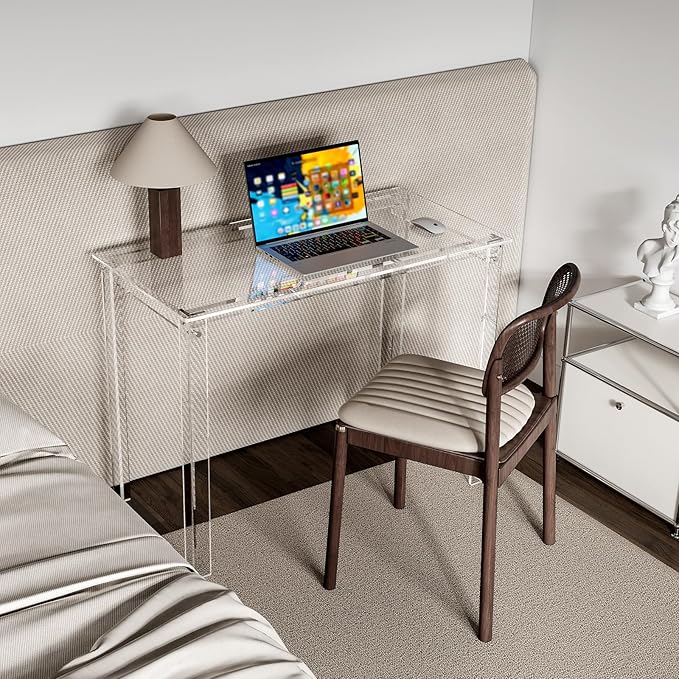 HMYHUM Acrylic Desk, 39.4" L x 19.7" W x 29.5" H, Clear Desk for Home Office for Laptop, Study, Writing, Vanity Table with Rectangular Legs, Modern, Easy Assembly - LeafyLoom
