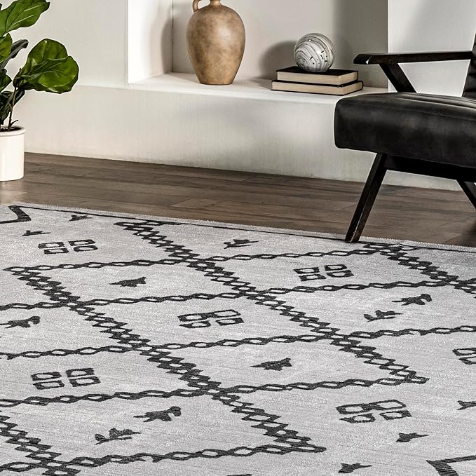 nuLOOM Celesta Bohemian Trellis Machine Washable Ultra Thin Area Rug, 6' x 9', Ivory - LeafyLoom