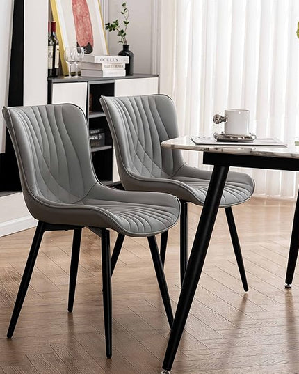 YOUTASTE Grey Dining Chairs Set of 2 Faux Leather Upholstered Kitchen Dining Room Chairs Mid Century Modern Metal Legs Chairs High Back for Kitchen Restaurant Living Room Bedrooms - LeafyLoom