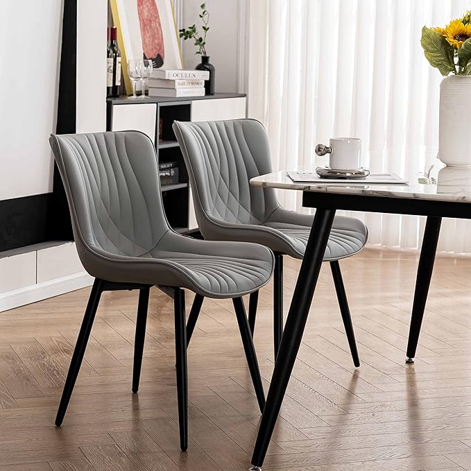 YOUTASTE Grey Dining Chairs Set of 2 Faux Leather Upholstered Kitchen Dining Room Chairs Mid Century Modern Metal Legs Chairs High Back for Kitchen Restaurant Living Room Bedrooms - LeafyLoom