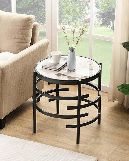 Round Coffee Table Coffee Tables for Living Room Sintered Stone Marble Top Sturdy Metal Frame (Grey, 20.67 inches) - LeafyLoom