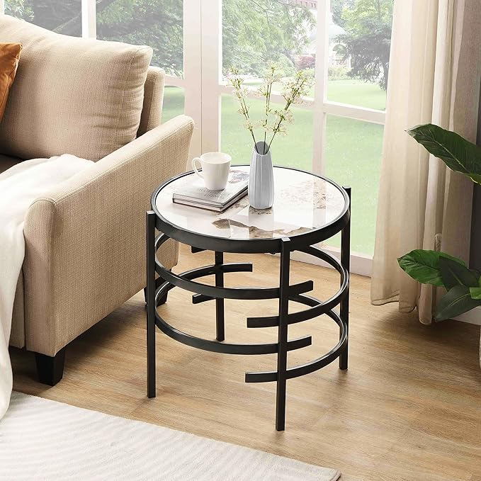 Round Coffee Table Coffee Tables for Living Room Sintered Stone Marble Top Sturdy Metal Frame (Grey, 20.67 inches) - LeafyLoom