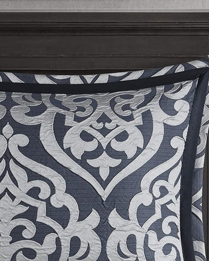 Madison Park Odette Cozy Comforter Set Jacquard Damask Medallion Design - Modern All Season, Down Alternative Bedding, Shams, Decorative Pillows, King(104 in x 92 in), Navy 8 Piece - LeafyLoom