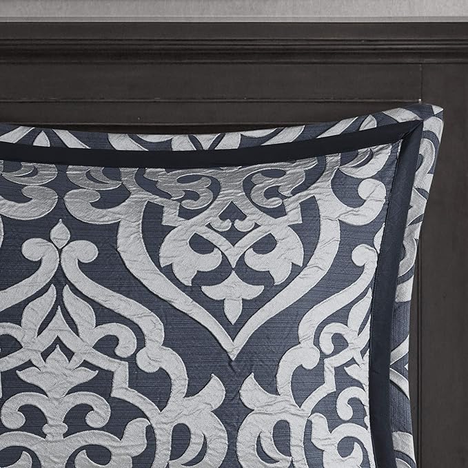 Madison Park Odette Cozy Comforter Set Jacquard Damask Medallion Design - Modern All Season, Down Alternative Bedding, Shams, Decorative Pillows, Cal King(104 in x 92 in), Navy 8 Piece - LeafyLoom