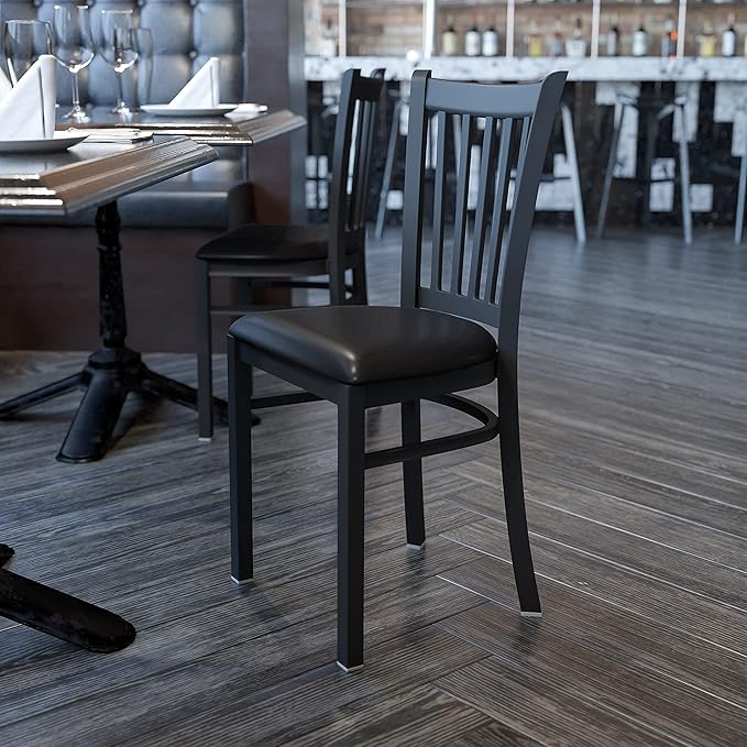 Flash Furniture 4 Pack HERCULES Series Black Vertical Back Metal Restaurant Chair - Black Vinyl Seat - LeafyLoom